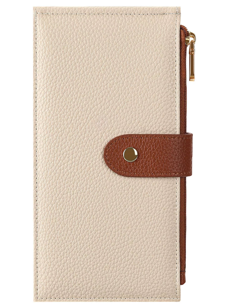 Beige leather wallet with brown strap and gold buckle on a white background