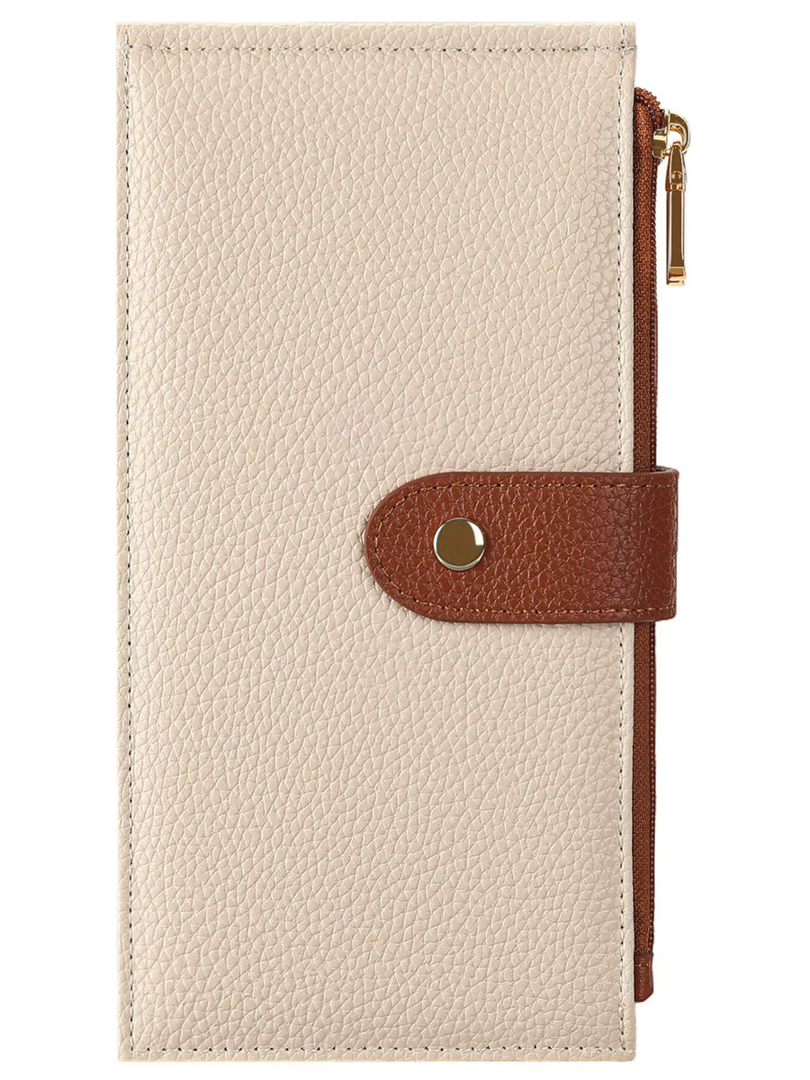 Beige leather wallet with brown strap and gold buckle on a white background