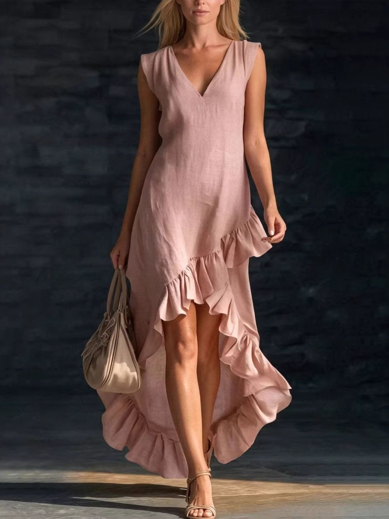 Woman wearing a pink dress with ruffled layers against a dark background