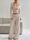 Striped Long Sleeve Crop Top and Wide Leg Pants Set