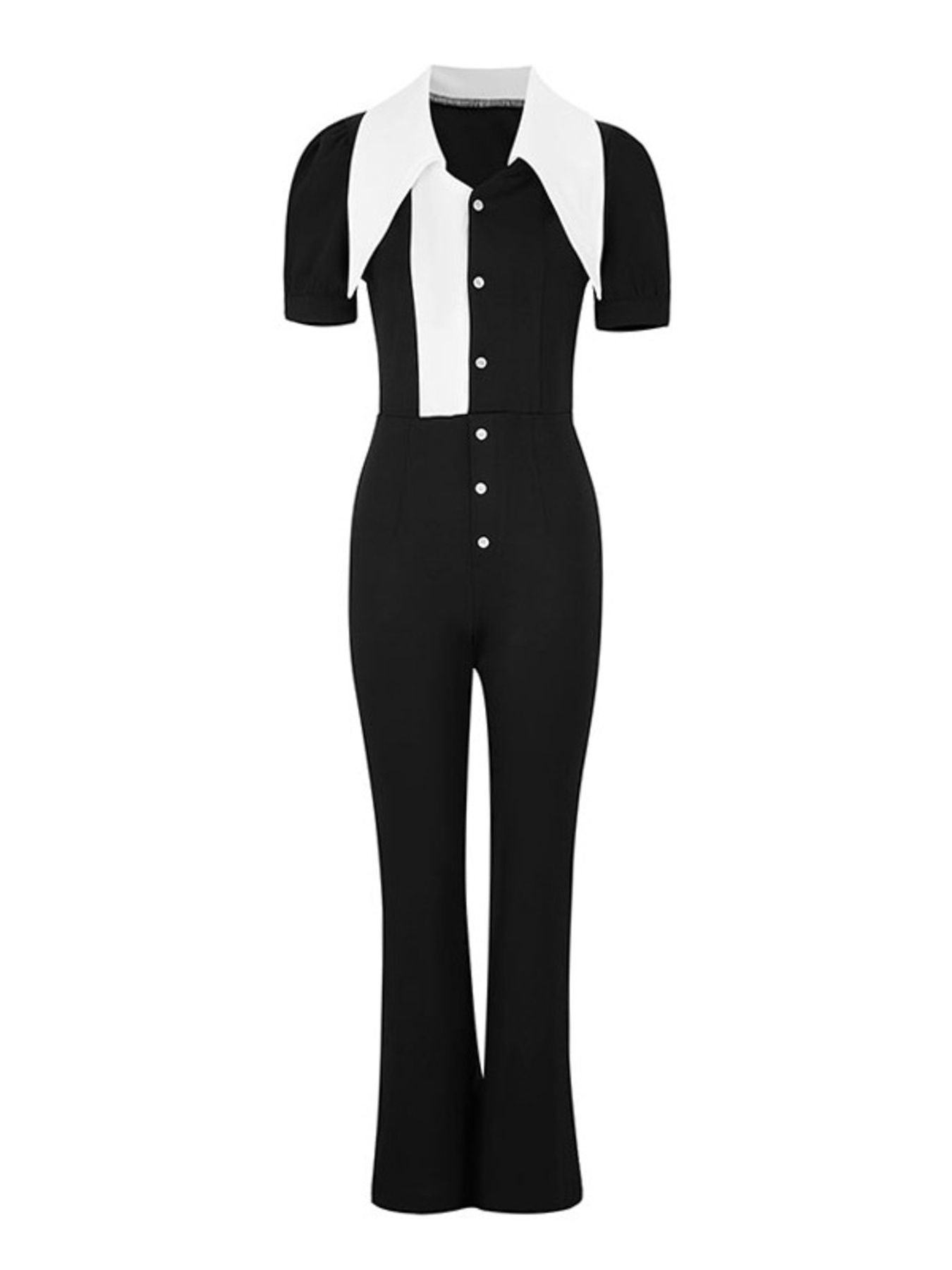 Black and white jumpsuit with a collar on a white background