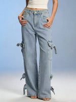 Light blue cargo pants worn by a person on a plain background