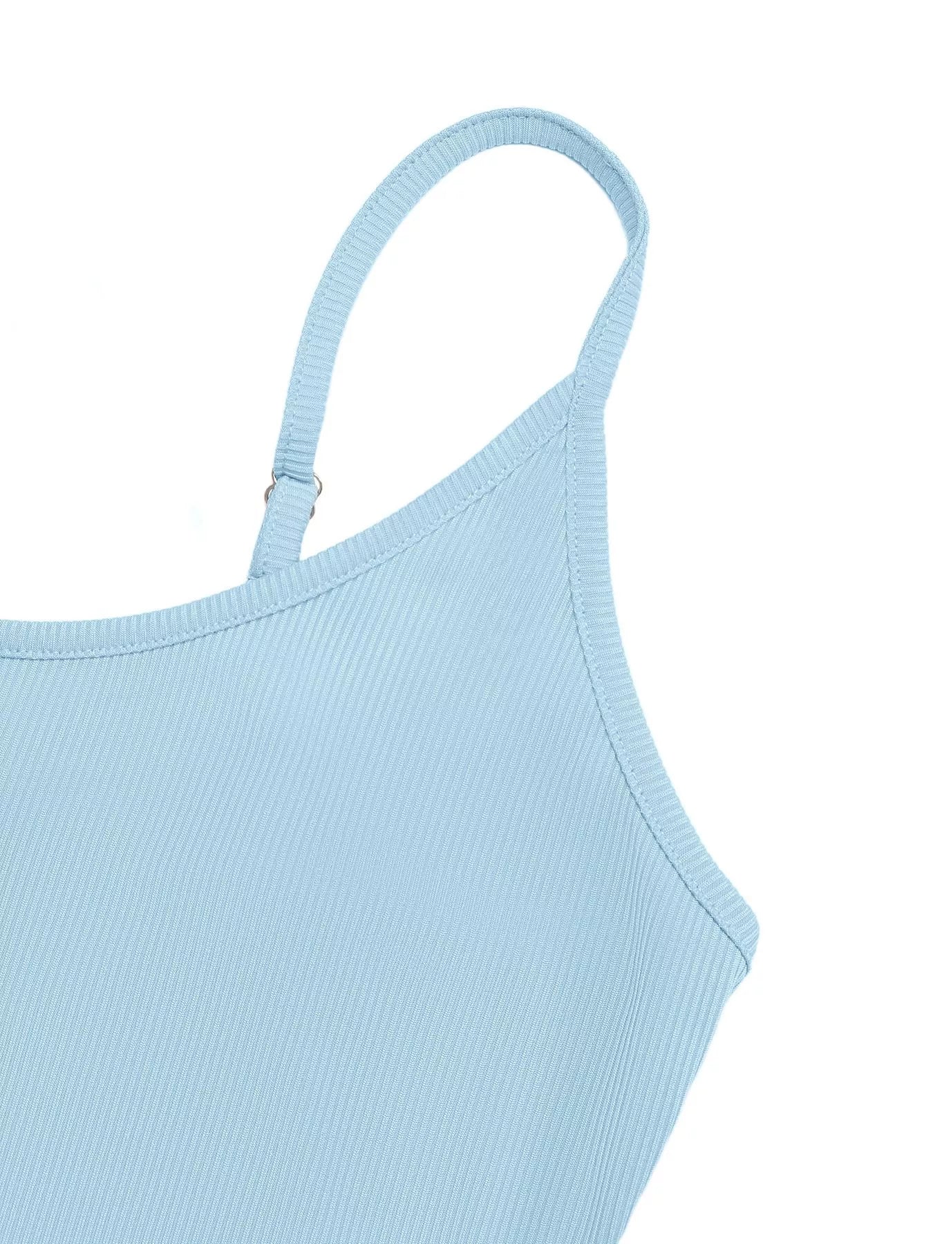 Light blue ribbed tank top with thin straps on a white background