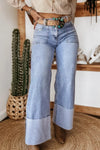 Women Wide Leg Baggy High Waist Turn-up Cuffs Loose Jeans