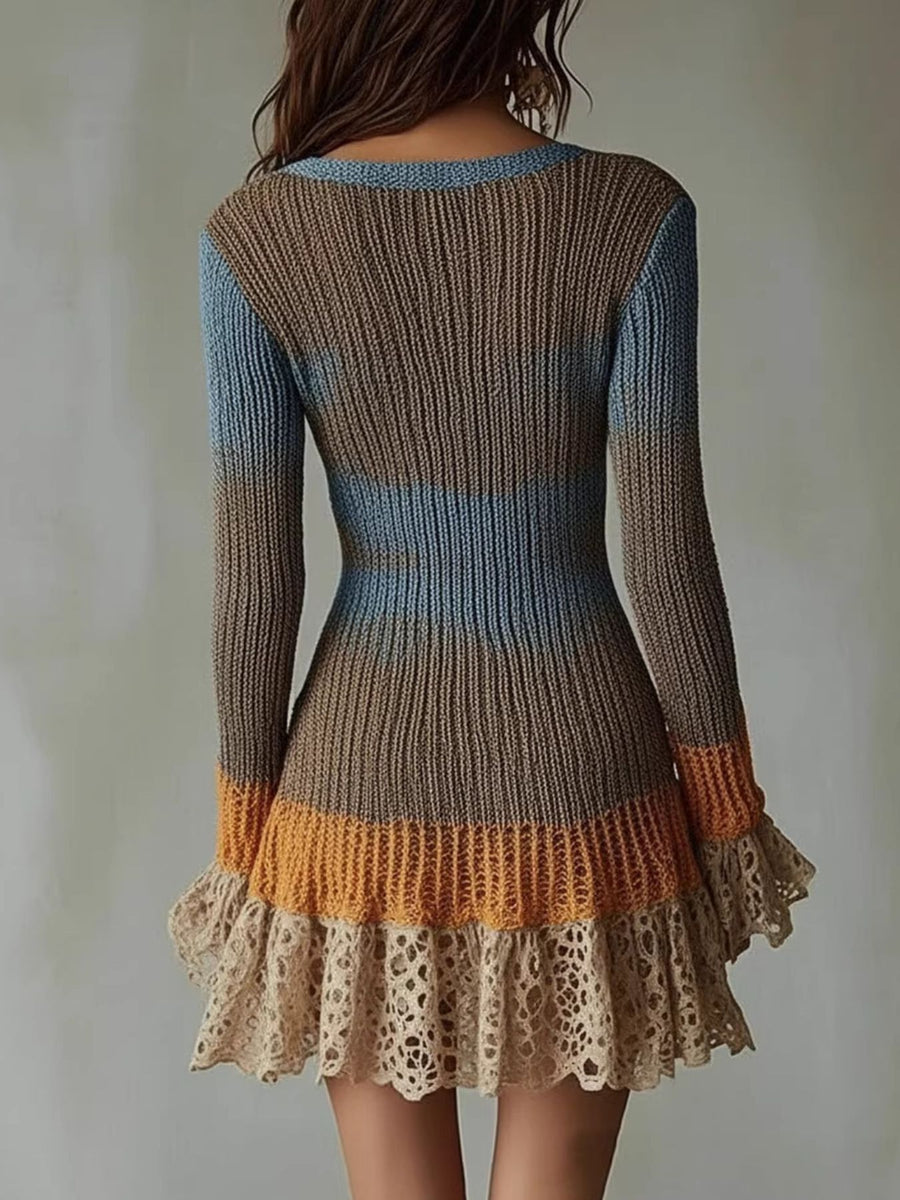 Knitted dress with gradient colors and lace details on a plain background