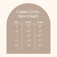 Camo Crew size chart with measurements on a beige background