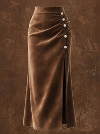 Brown skirt with button details on a textured brown background