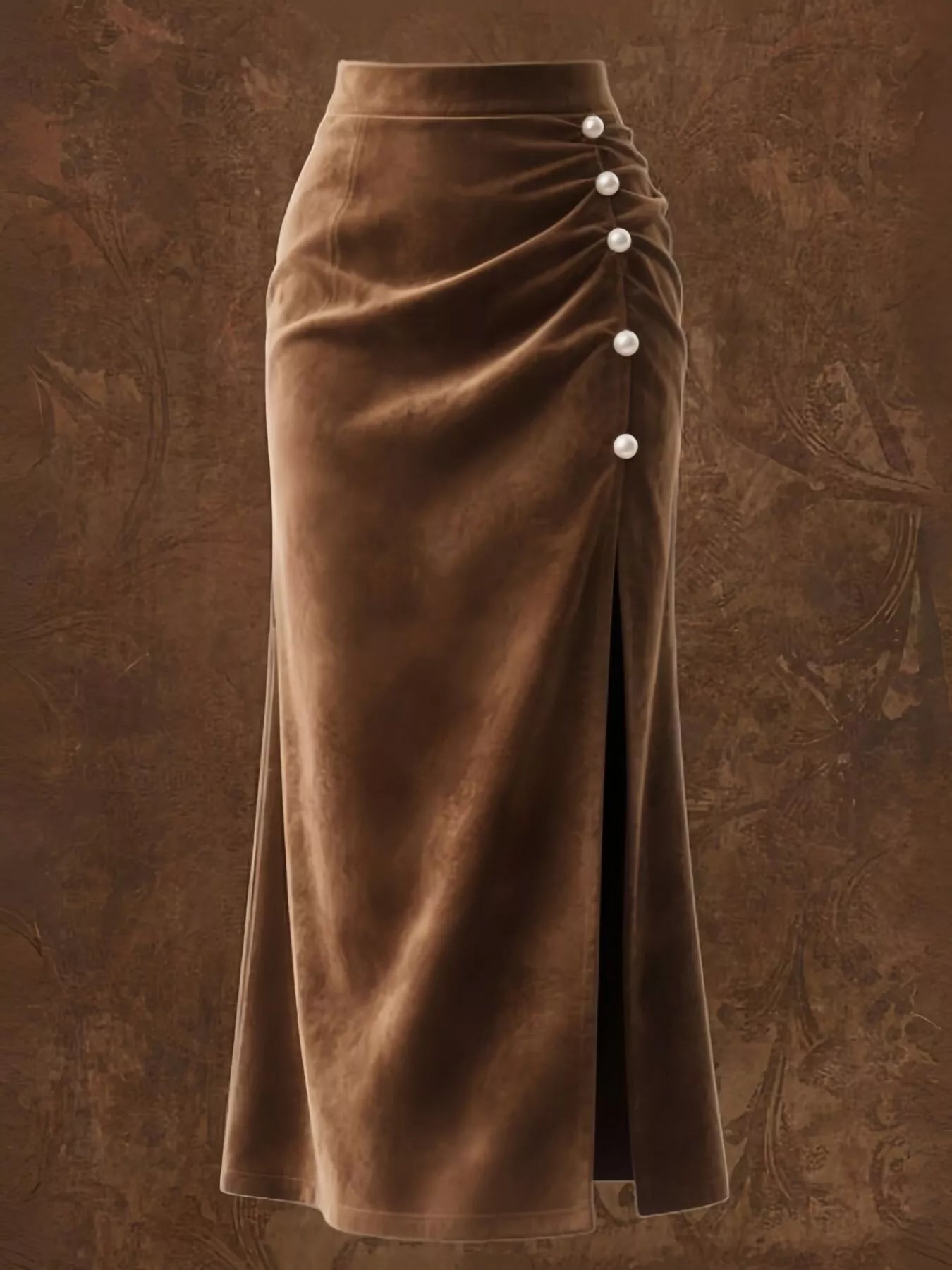 Brown skirt with button details on a textured brown background