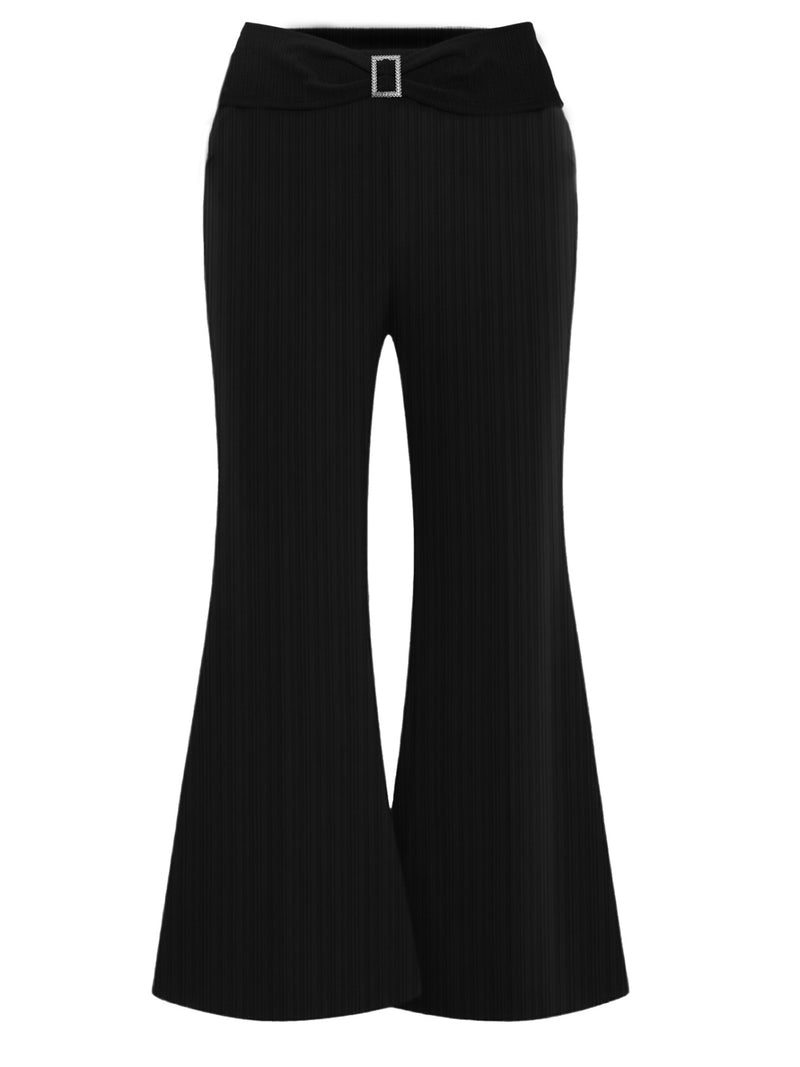 Black bell-bottom pants on a white background