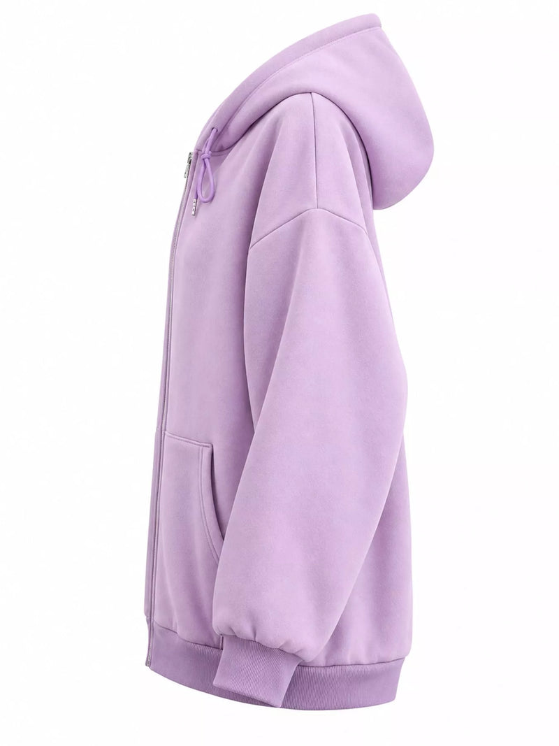 A light purple/lavender zip-up hoodie shown from a side profile view against a plain white background.