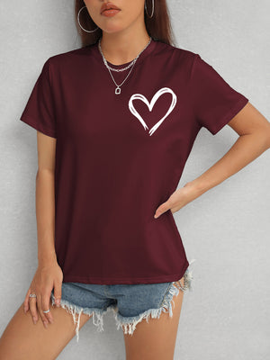 Burgundy Heart Round Neck Short Sleeve T-Shirt