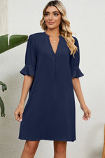Navy Notched Flounce Sleeve Mini Dress