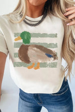 Person wearing a t-shirt with a duck graphic design.