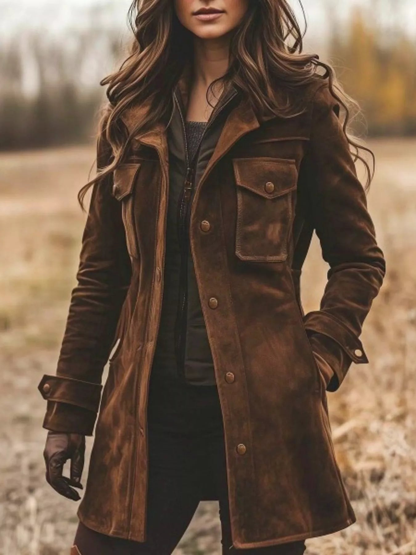 Person wearing a brown leather coat standing in a field.