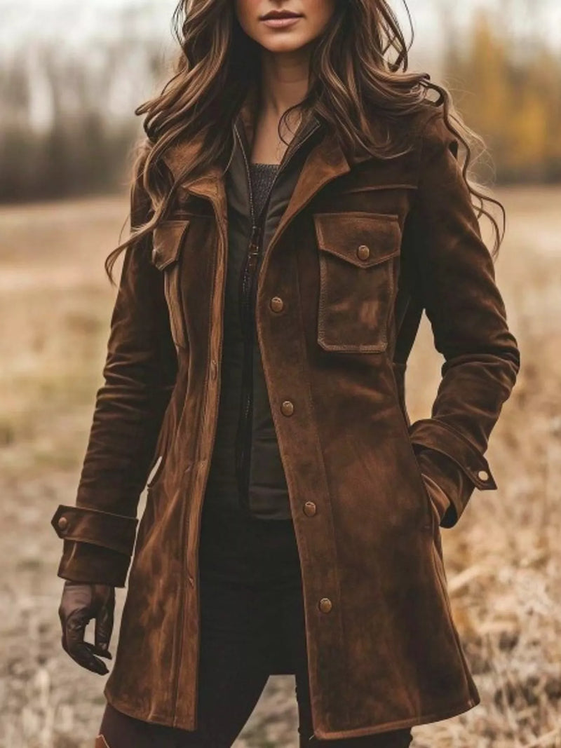 Person wearing a brown leather coat standing in a field.