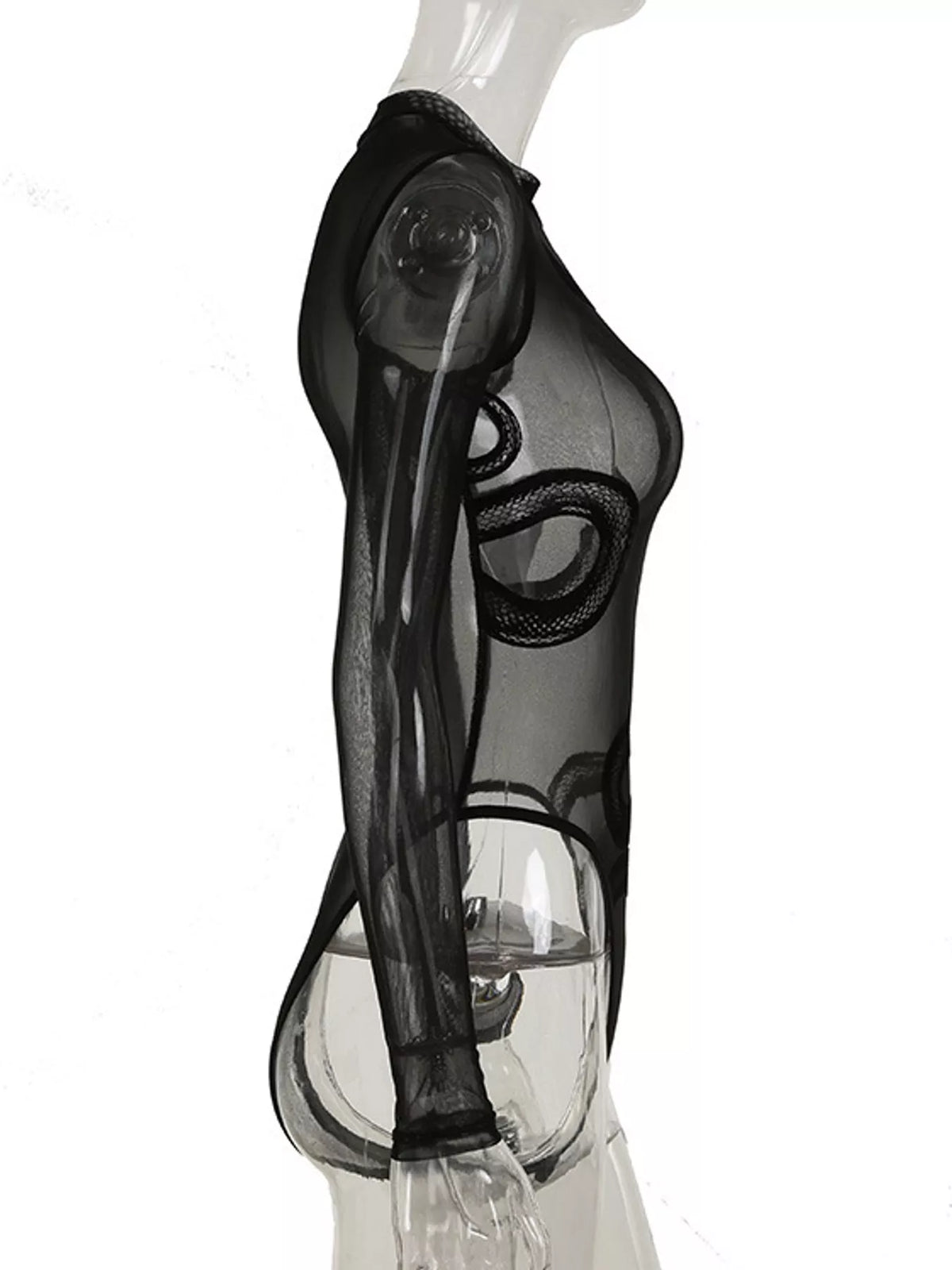A sheer black long-sleeve bodysuit with a snakeskin pattern, displayed on a clear mannequin against a white background.