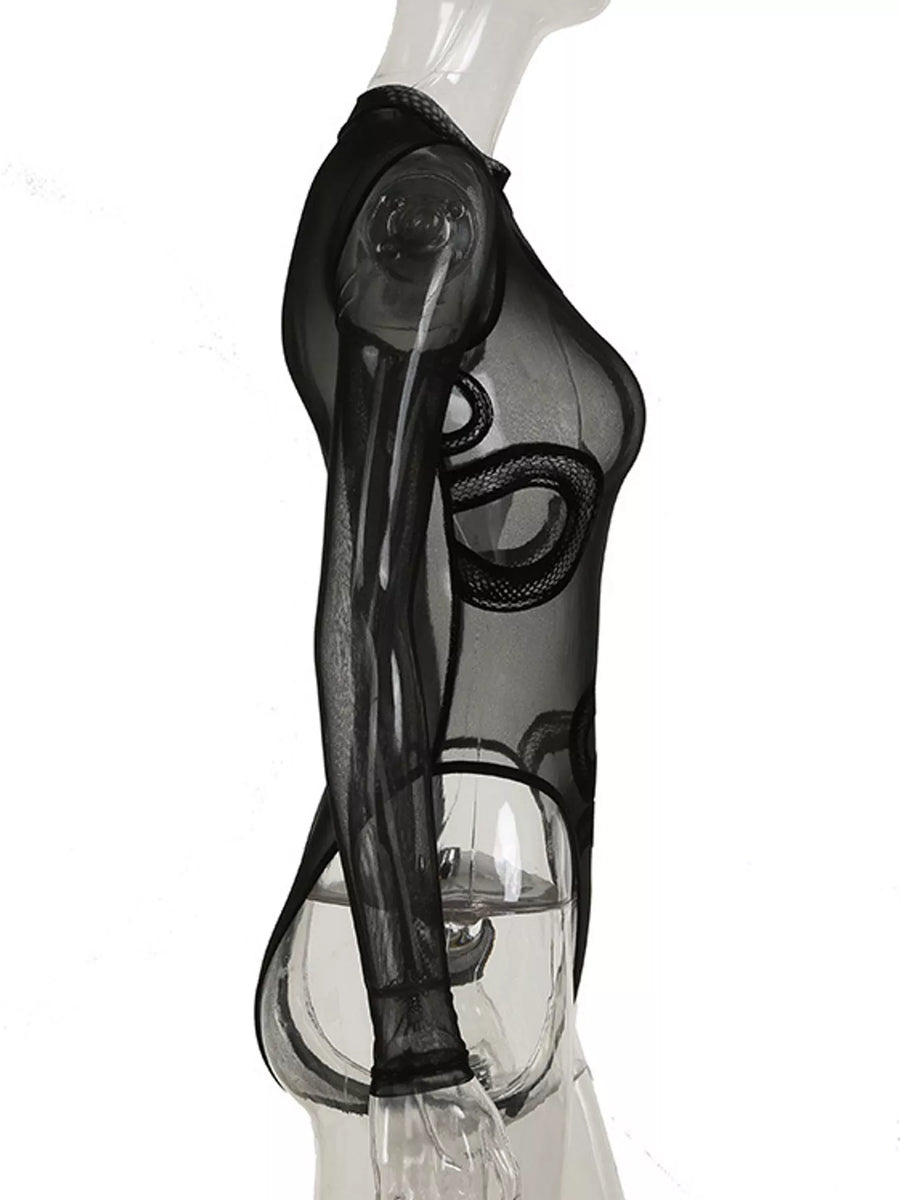 A sheer black long-sleeve bodysuit with a snakeskin pattern, displayed on a clear mannequin against a white background.