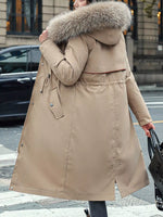 Back view of biege Women's Detachable Longline Hooded Parka with Faux Fur Trim and Drawstring Waist
