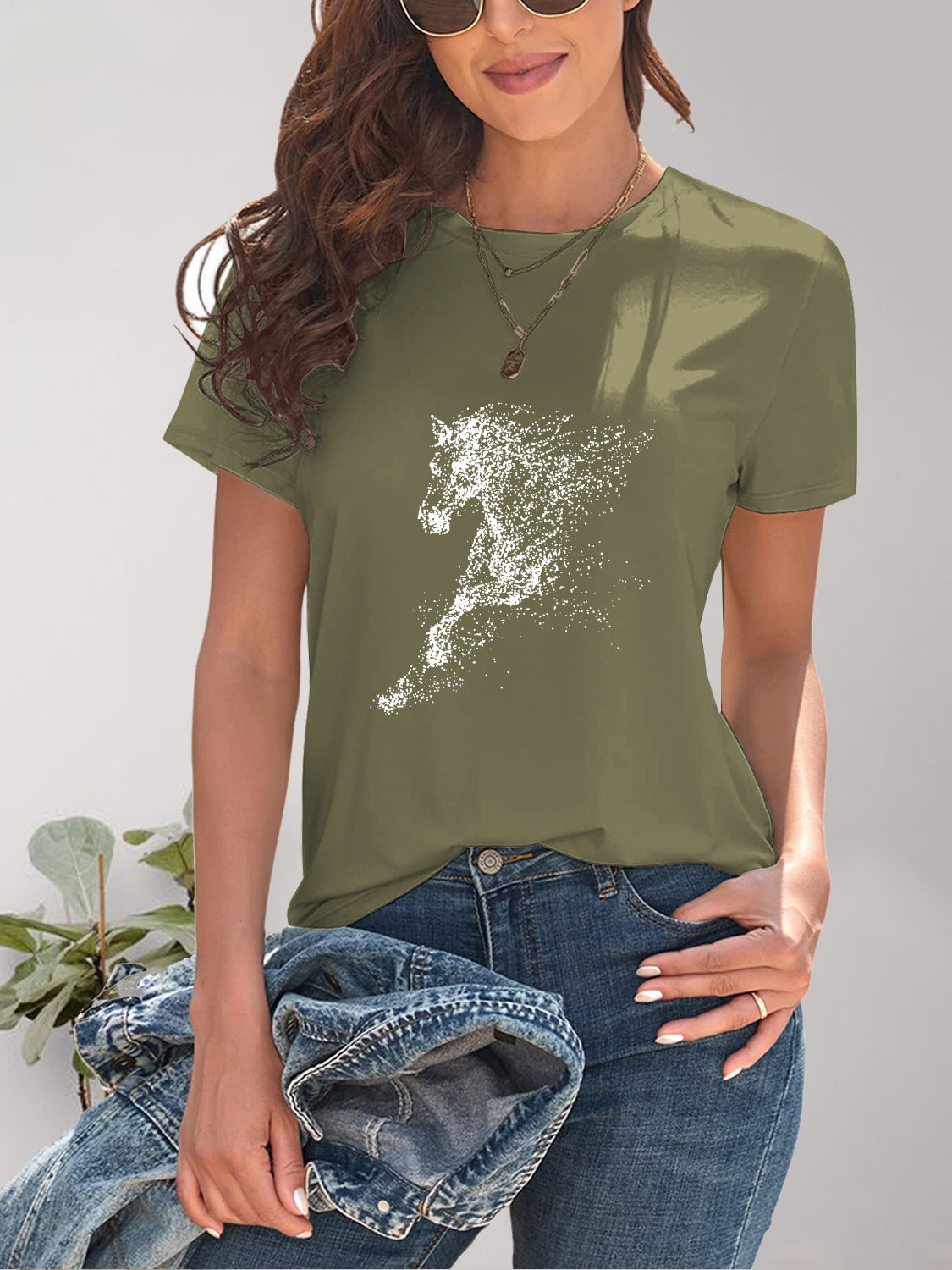 Green Horse Round Neck Short Sleeve T-Shirt
