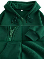 A dark green zip-up hoodie shown in a four-panel detail collage, highlighting the hood, zipper, ribbed cuff, and soft fleece texture.