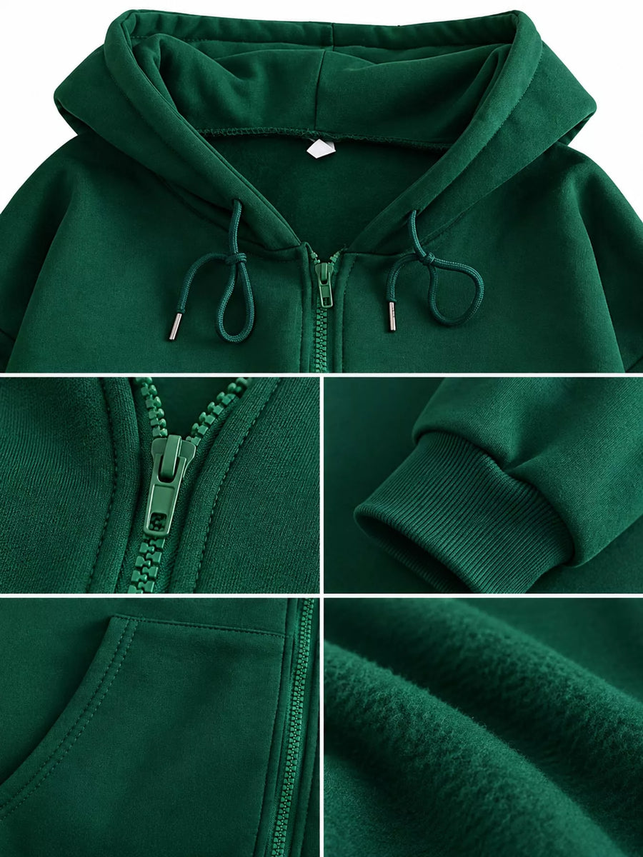 A dark green zip-up hoodie shown in a four-panel detail collage, highlighting the hood, zipper, ribbed cuff, and soft fleece texture.