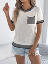 Striped Trim Short Sleeve Knit Top with Striped Chest Pocket