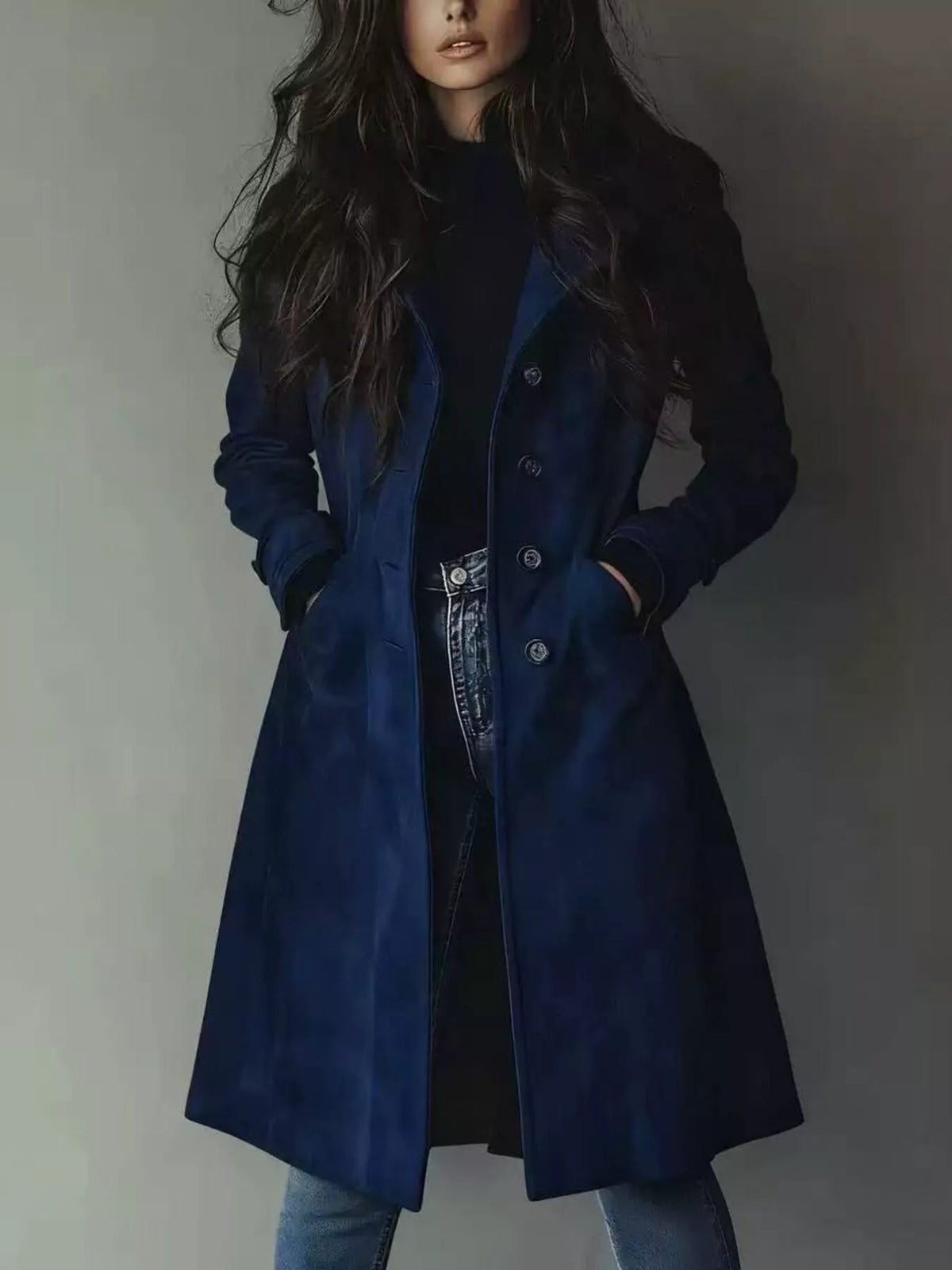 Woman wearing a blue coat against a plain background