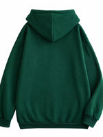 A dark green pullover hoodie shown from the back, featuring a relaxed fit, ribbed cuffs, and a ribbed hem, set against a plain white background.
