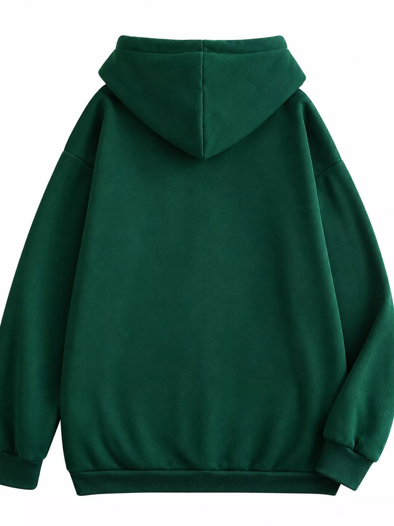 A dark green pullover hoodie shown from the back, featuring a relaxed fit, ribbed cuffs, and a ribbed hem, set against a plain white background.