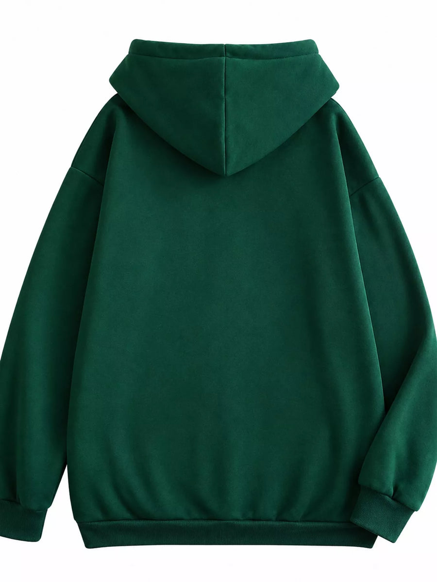 A dark green pullover hoodie shown from the back, featuring a relaxed fit, ribbed cuffs, and a ribbed hem, set against a plain white background.