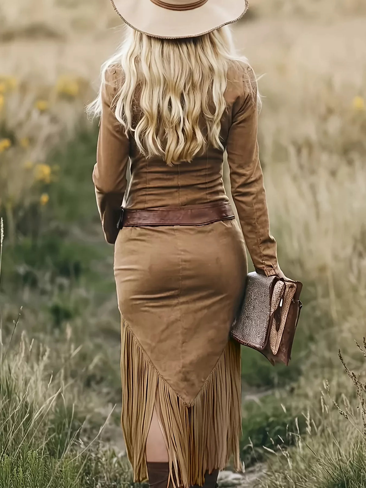 Person wearing a brown fringe skirt and top in a field