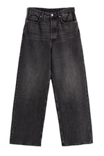 Black denim jeans on a white background