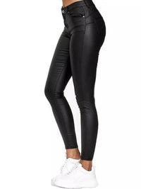 Black leather leggings worn by a person on a white background