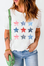 Close up view of white Star Round Neck Short Sleeve T-Shirt