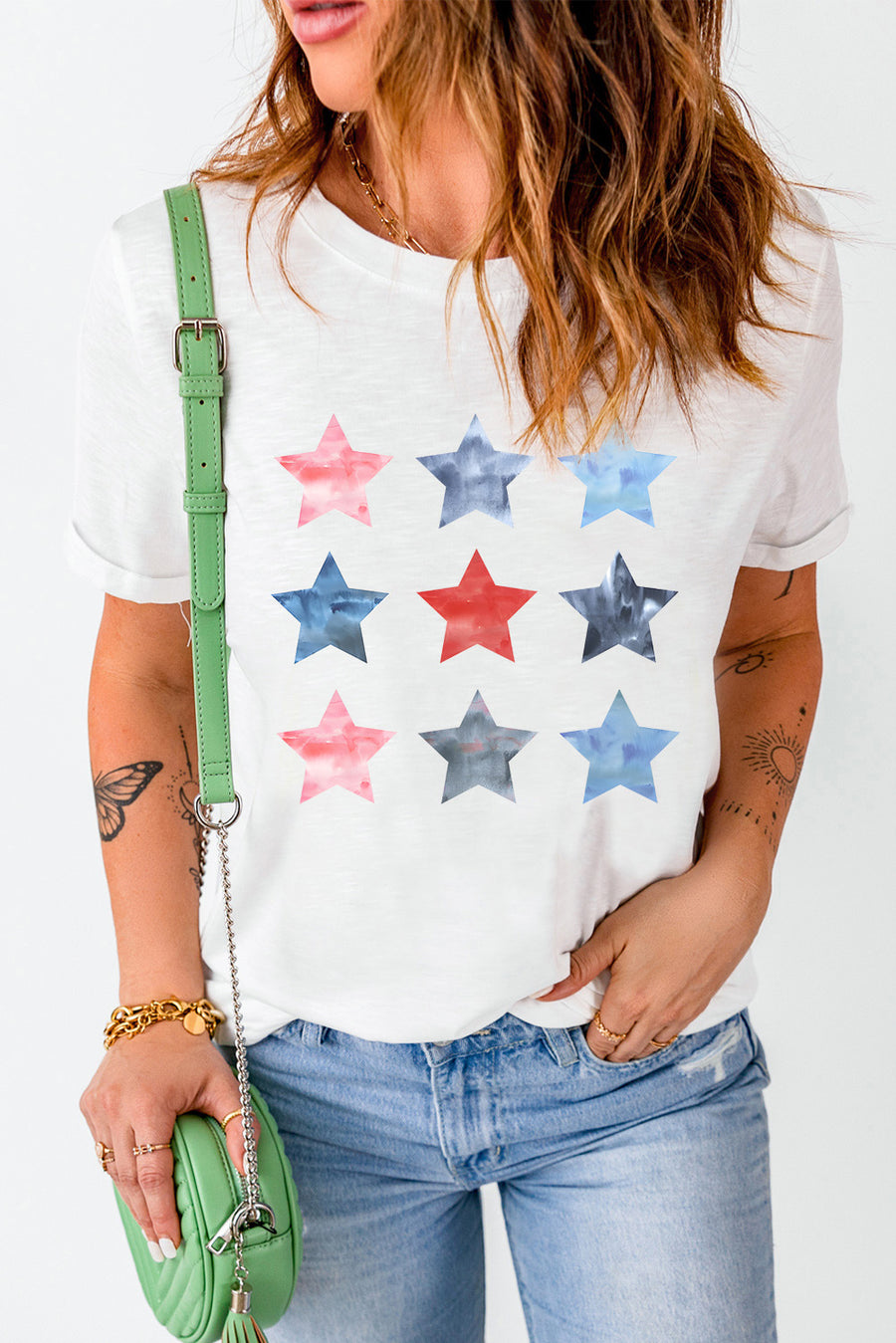 Close up view of white Star Round Neck Short Sleeve T-Shirt