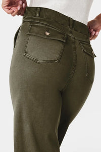 Olive green pants with a white background