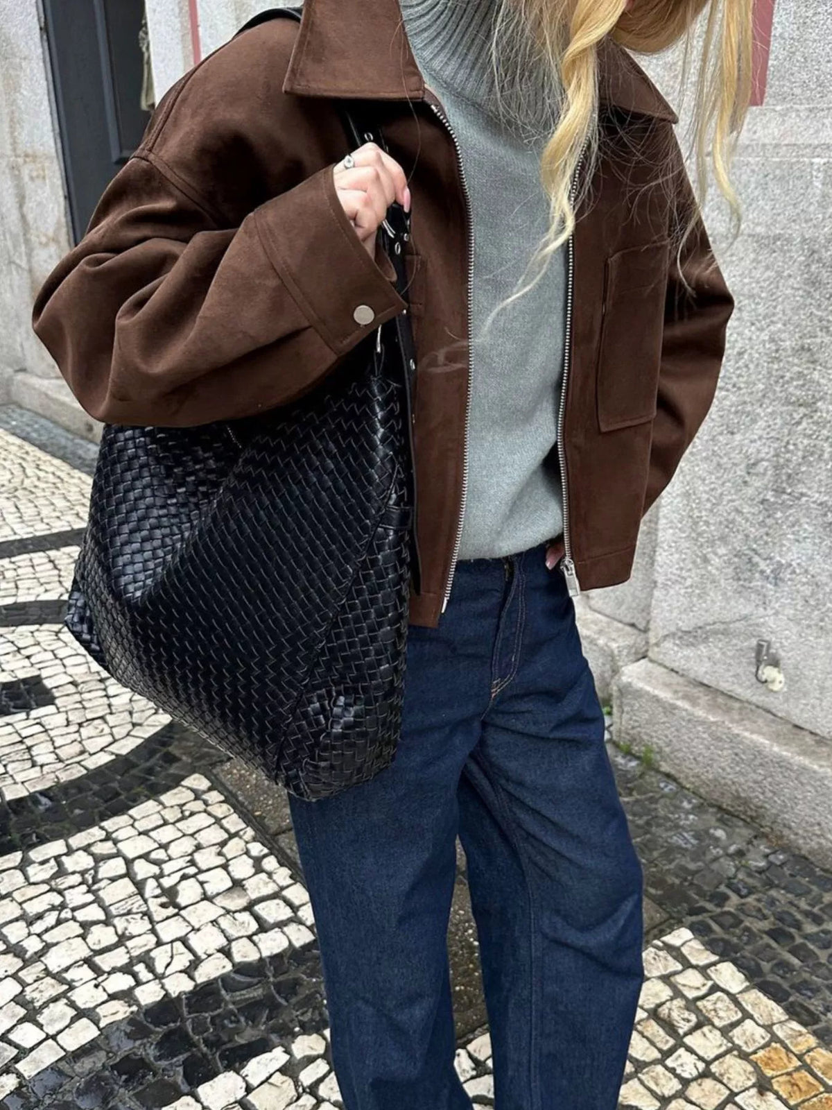 women walking through a city street wearing Suede Utility Jacket with Front Pockets