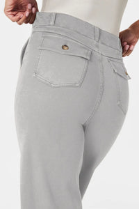 Light gray jeans with a brand logo on a white background