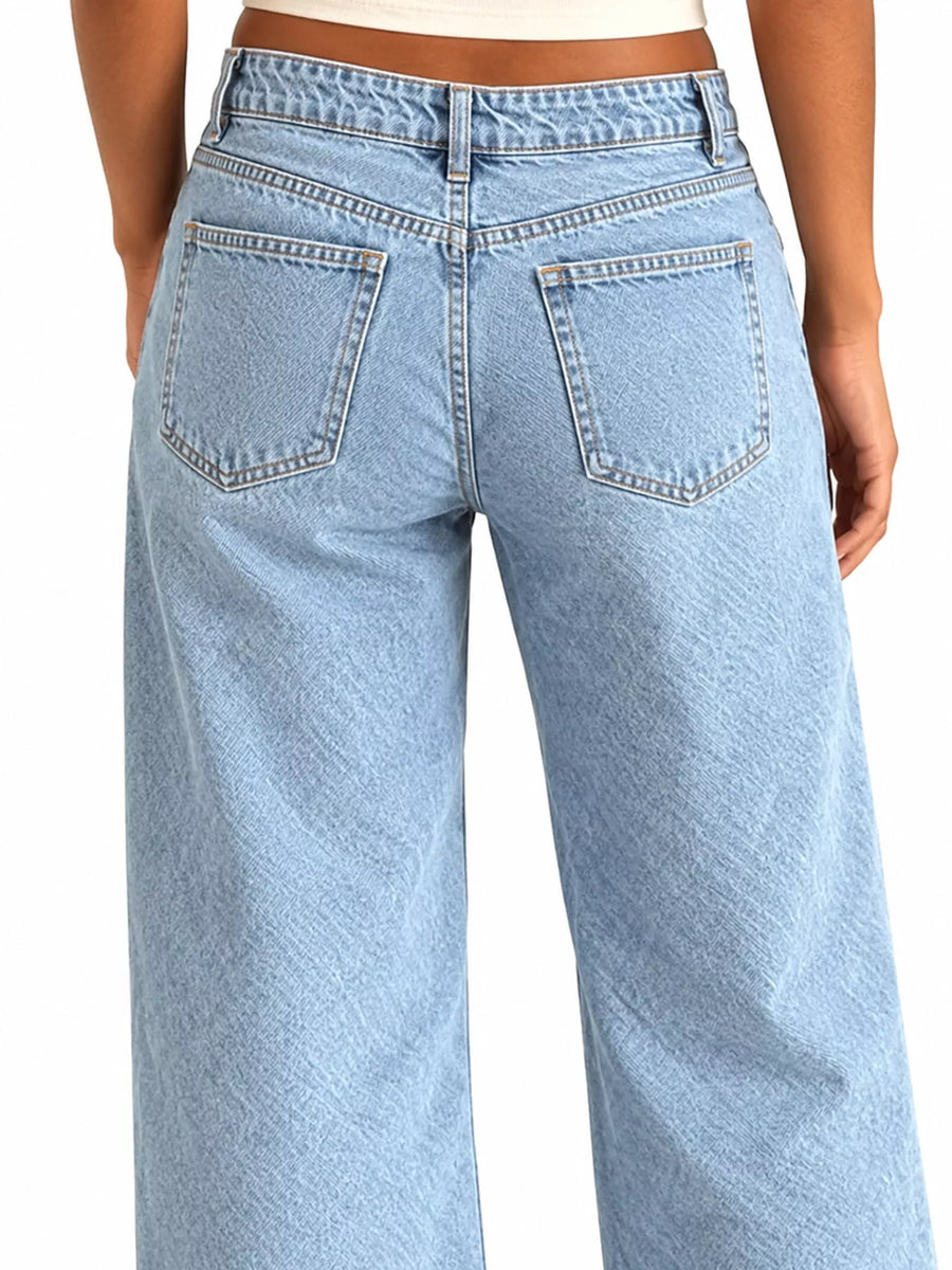 Rear view of a person wearing light-wash blue wide-leg jeans against a plain white background.