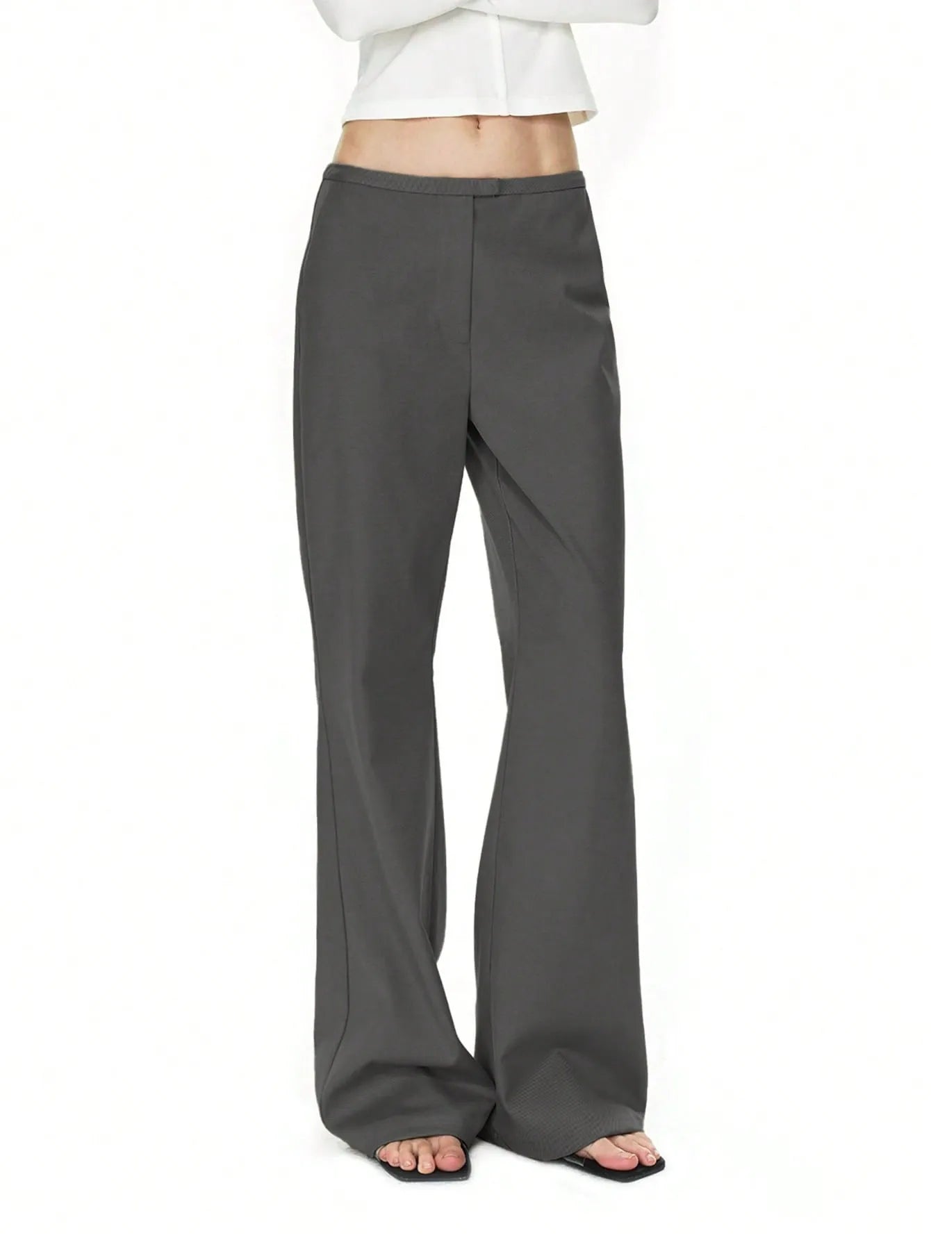 Gray wide-leg pants worn by a person on a white background