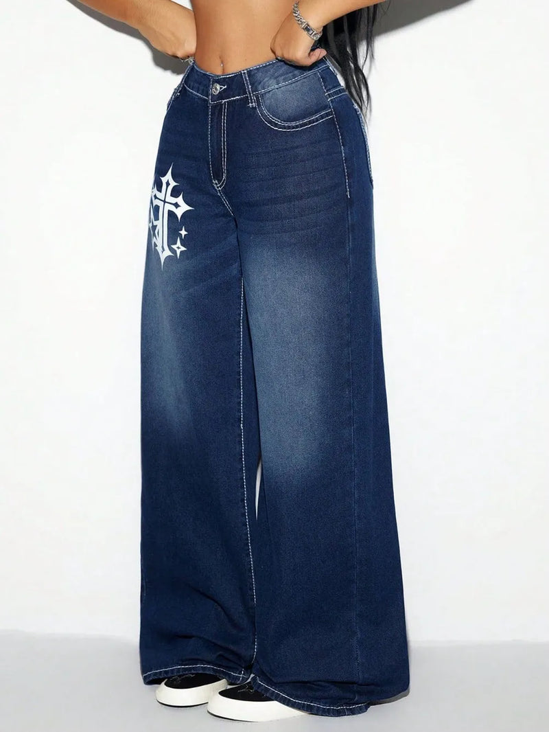Blue jeans with a white cross design on a white background