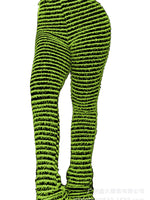 Green and black horizontally striped leggings shown on a cropped lower-body mannequin or model against a plain white background.