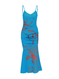 Blue dress with red floral patterns on a white background
