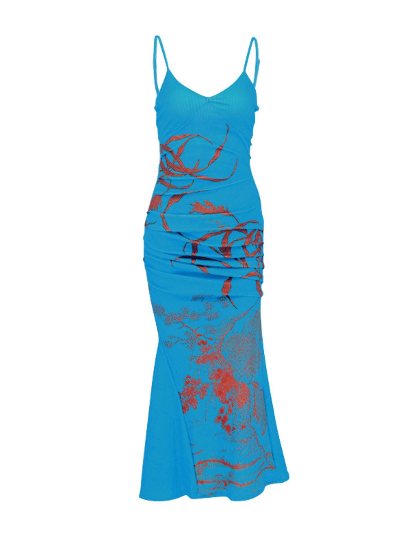 Blue dress with red floral patterns on a white background