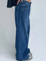 A person wearing wide-leg blue denim jeans, shown from the waist down against a plain light gray wall.