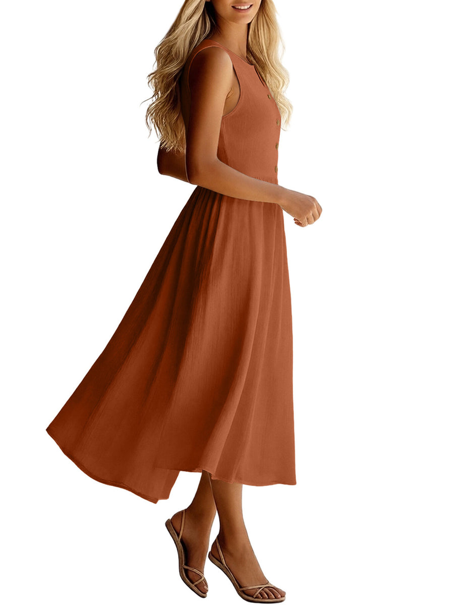 Woman wearing a brown sleeveless dress on a white background