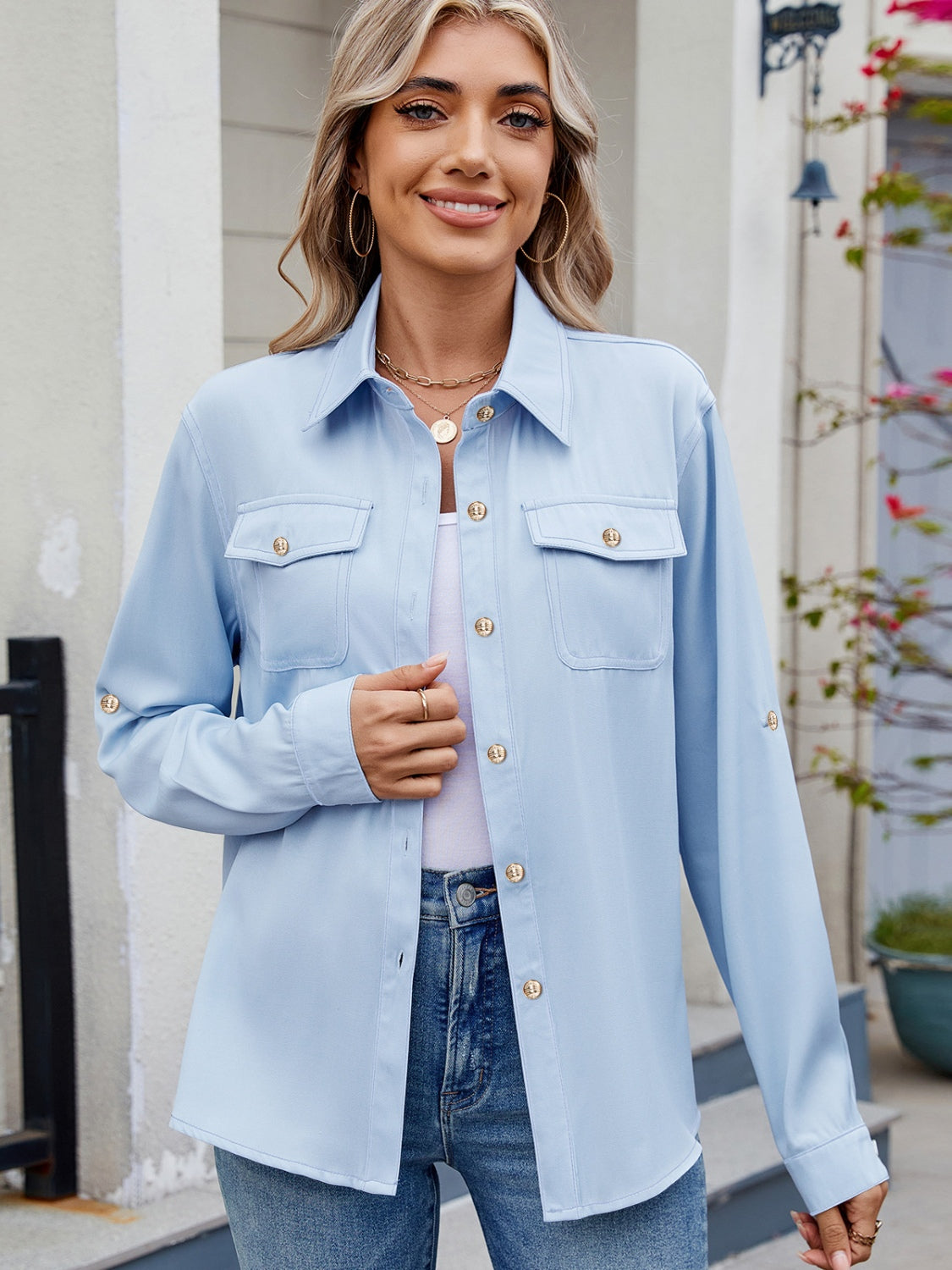 Light blue Solid Color Collared Neck Long Sleeve Shirt