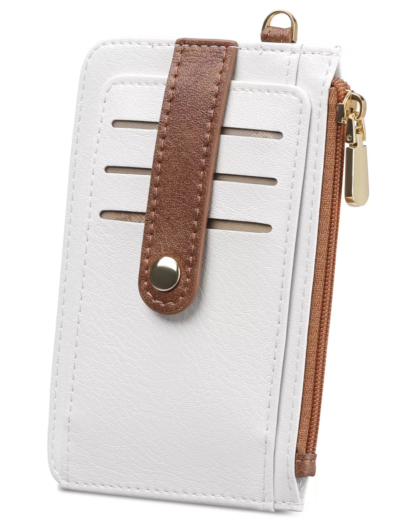 White wallet with brown strap and zipper on a white background