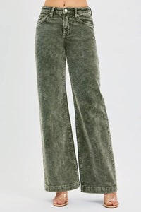 Green wide-leg jeans on a white background