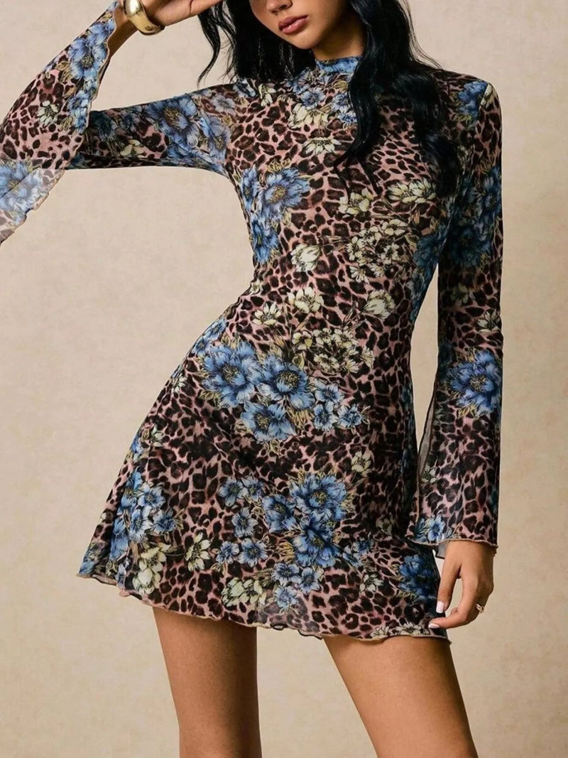 Dress with floral and leopard print pattern on a beige background